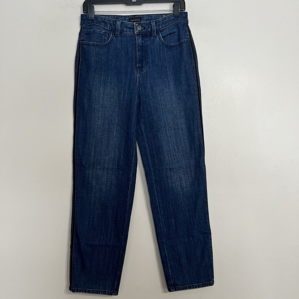 Talbots High Waist Straight Ankle Jeans Black Stripe Down Sides Size 2 Stretch